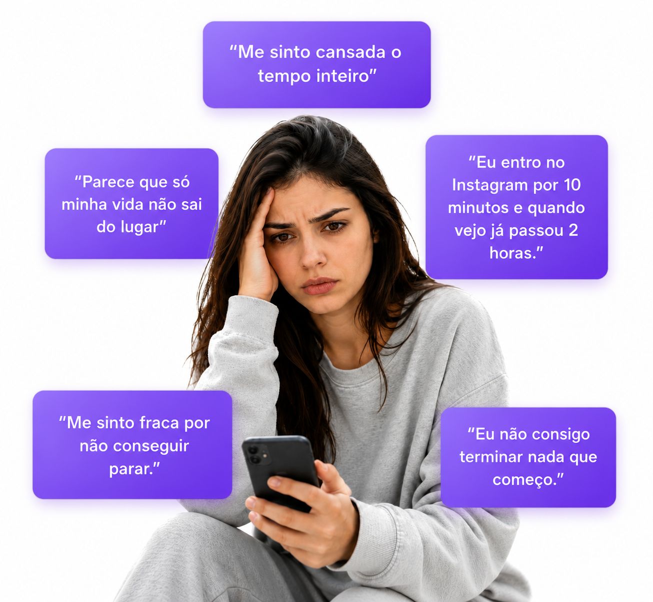 Mulher cansada segurando o celular com pensamentos negativos ao redor